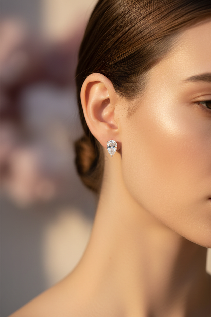 Zethech silver pear-shaped stud earrings with 1ct moissanite, 18k gold plating, sterling silver, perfect for women’s jewelry.