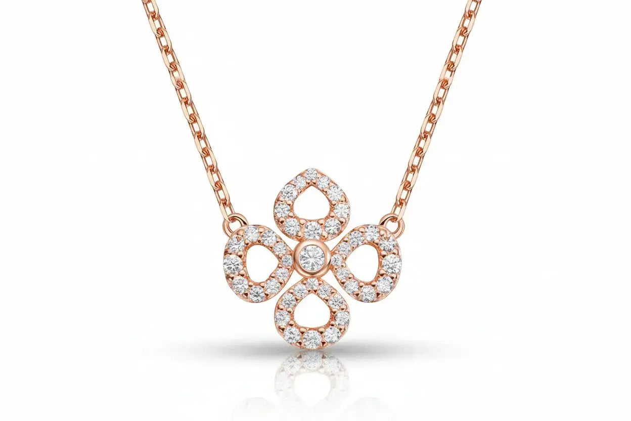 Zethech silver moissanite flower necklace for women with sparkling full flower pendant on a 40.5cm sterling silver chain.