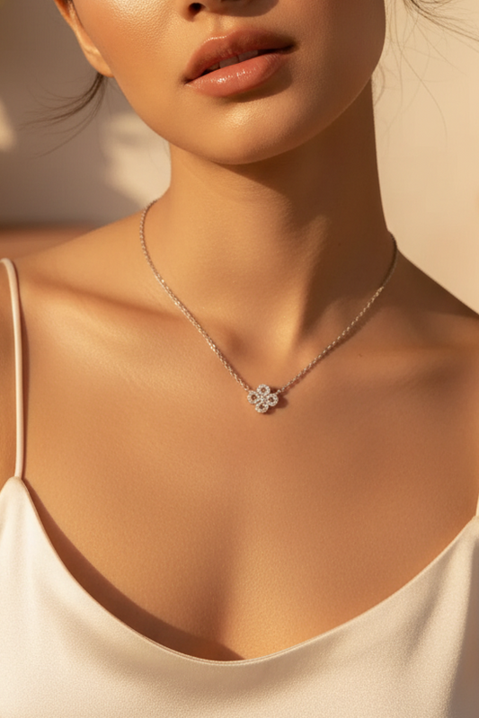 Silver flower pendant necklace by Zethech with sparkling moissanite, S925 sterling silver, 40.5cm chain, stylish jewelry for women.