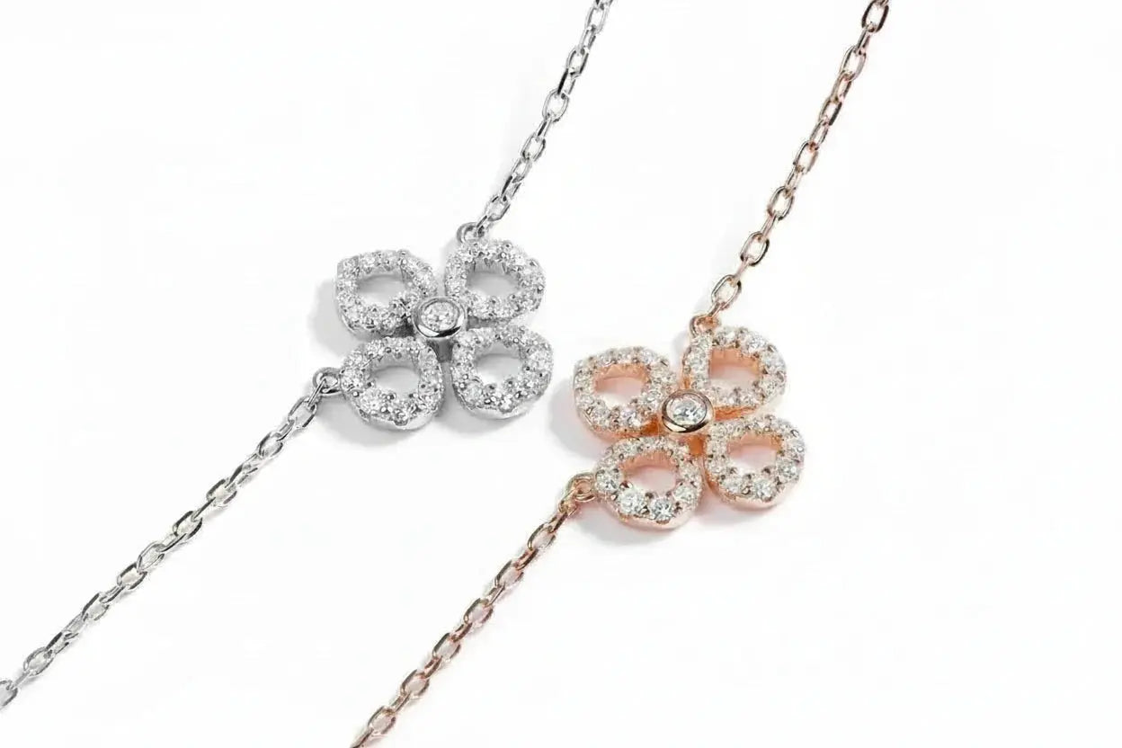Silver Zethech Moissanite flower necklace with sparkling flower pendant, sterling silver, 18k plated, for women.