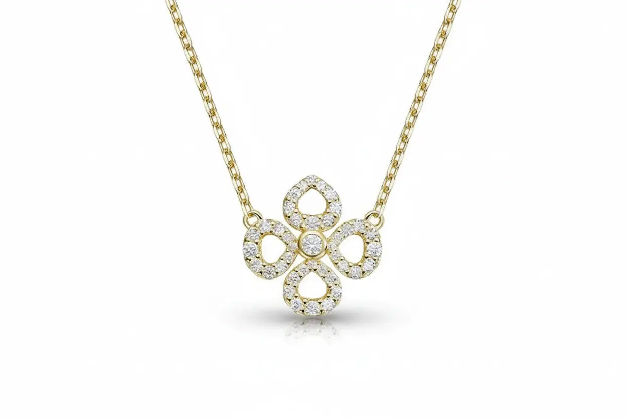 Silver Zethech Moissanite flower necklace with sparkling full pendant and chain, sterling silver plated with 18k gold for women.