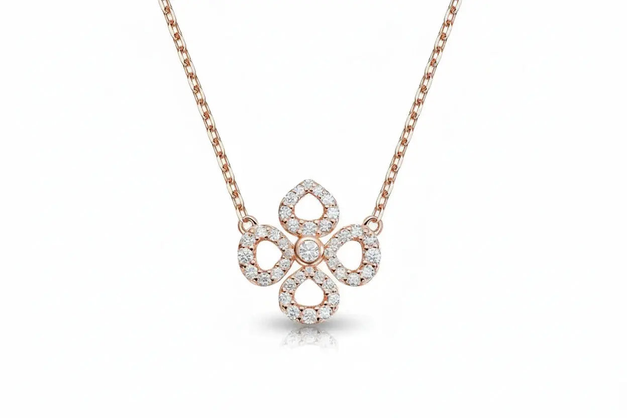 Silver Zethech Moissanite flower necklace with sparkling flower pendant, sterling silver chain for women, elegant jewelry accessory.