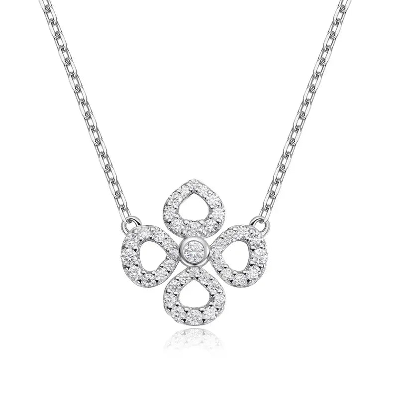 Silver Zethech Moissanite flower necklace with sparkling full-moissanite pendant on a 40cm chain, sterling silver and 18k plated jewelry.