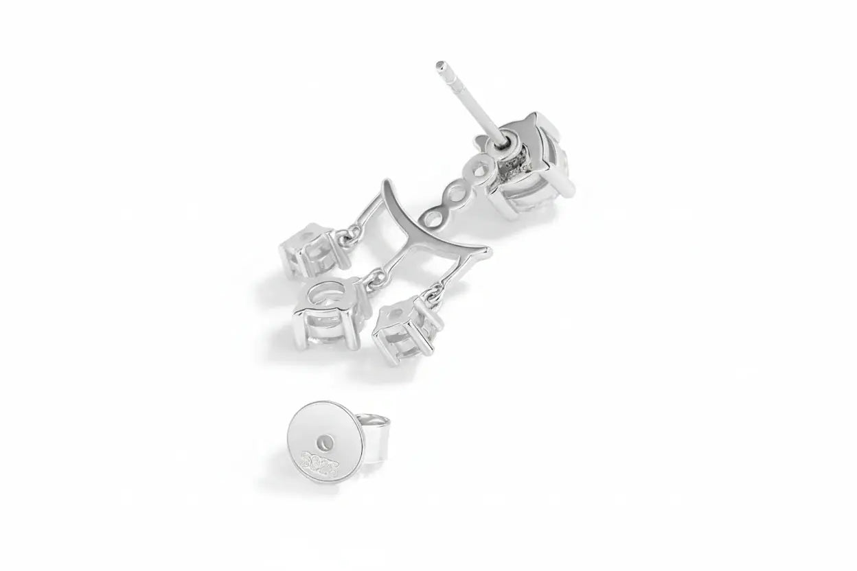 Silver-colored Zethech moissanite drop earrings with luminous 2CTTW stones, elegant jewelry for special occasions.