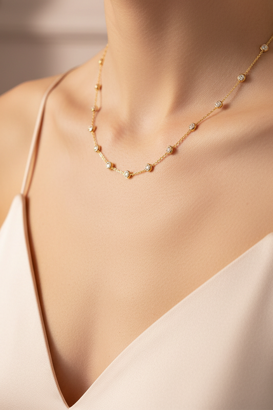 Silver classic tennis necklace with radiant 2cttw moissanite gemstones, featuring a sleek, elegant design by Zethech.