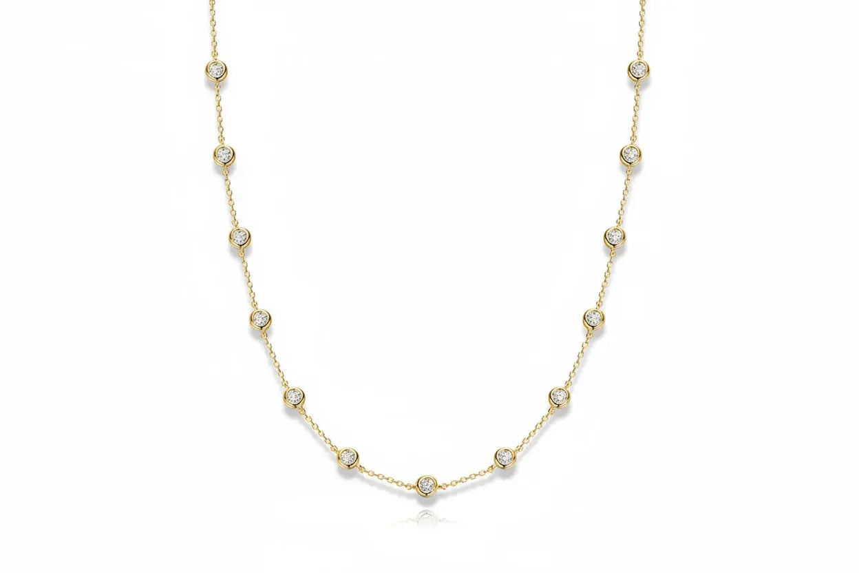 Silver Zethech Radiant Array 2CTTW Moissanite Tennis Necklace featuring sparkling, round-cut moissanite stones on a sleek chain.