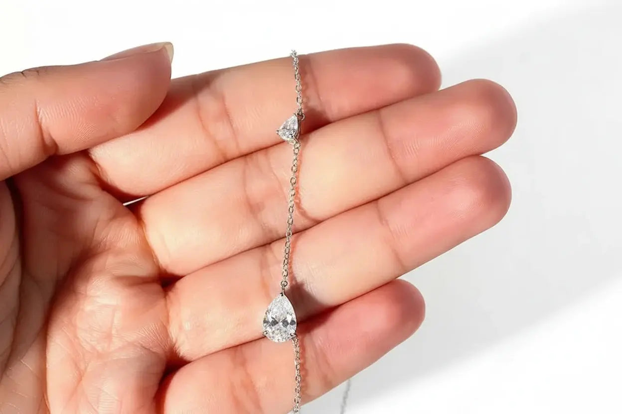 Zethech 2.5CT Twin Pear Moissanite Necklace in silver with two pear-cut lab diamond-like gems on a sterling silver chain.