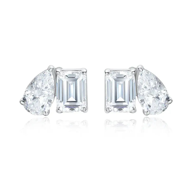 Silver Zethech Majestic Teardrop Pear Cut Moissanite Stud Earrings featuring sparkling pear-shaped gemstones.