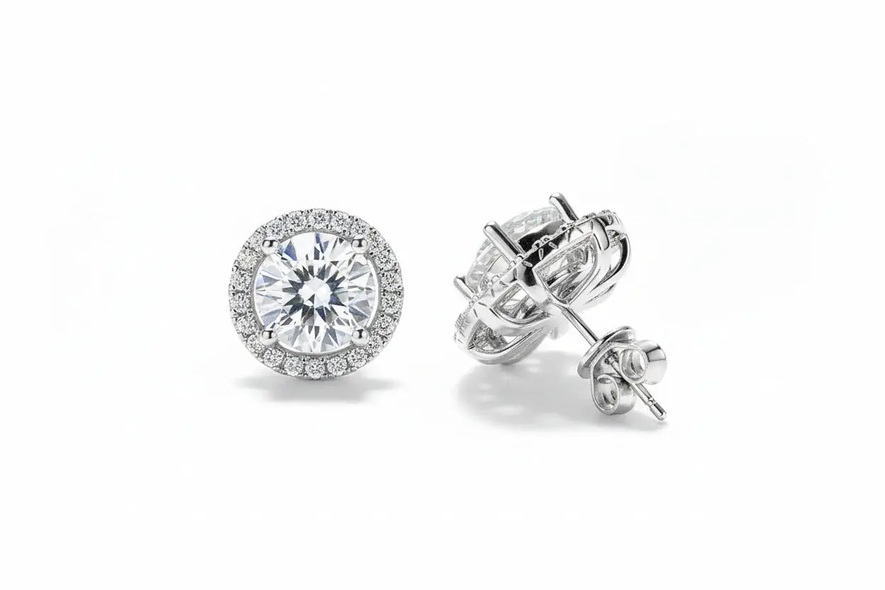 Zethech Halo Stud Earrings in silver setting with round stones