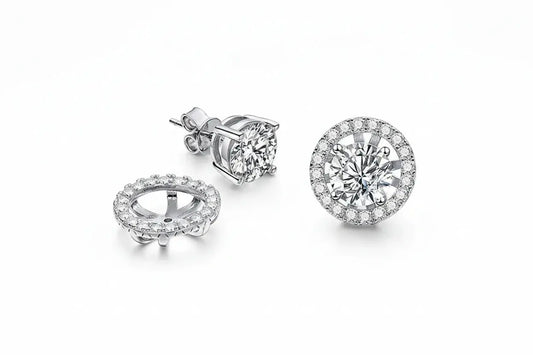 Zethech Aura Brilliance Moissanite Halo Stud Earrings featuring sparkling moissanite stones and a classic stud design.