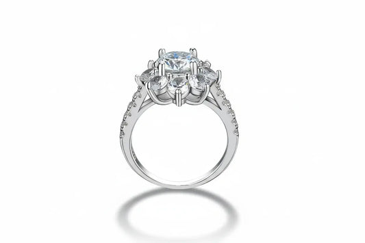 Zethech Radiant Blossom Moissanite Halo Engagement Ring with 1ct center stone, floral design, sterling silver band, sparkling jewelry