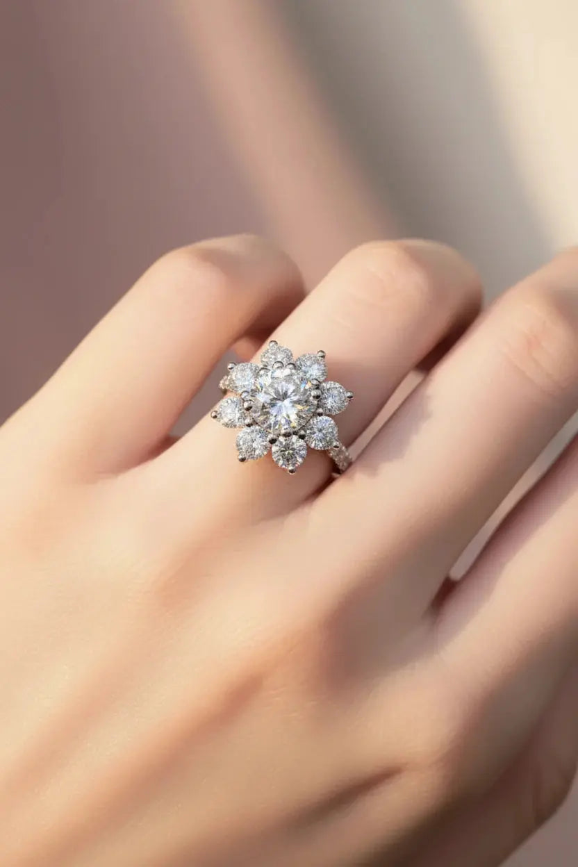 Zethech radiant blossom moissanite halo engagement ring with a 1ct center stone and sparkling diamond band in sterling silver for women