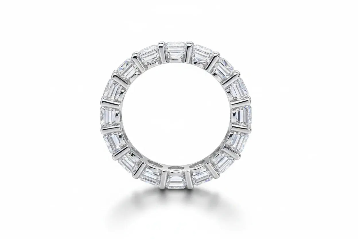 Zethech full eternity moissanite band ring with 3mm stones, showcasing a continuous circle of sparkling moissanite on a silver band.