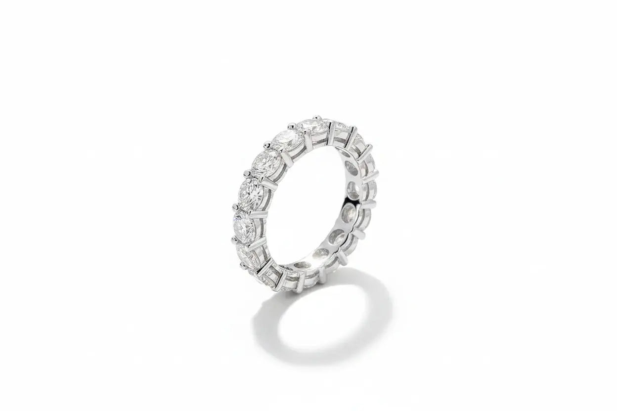 Zethech full eternity moissanite band ring with 3mm stones, showcasing a sparkling continuous circle of brilliance.
