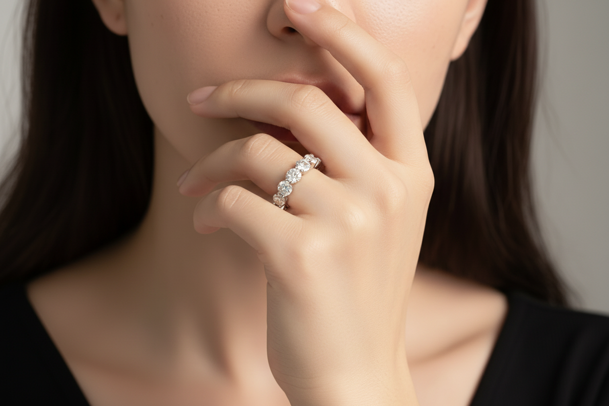 Zethech classic eternity ring with 3mm moissanite stones in a full eternity band design, showcasing sparkling, everlasting light.