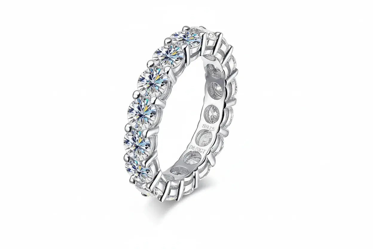 Zethech full eternity moissanite band ring with 3mm stones, showcasing a continuous circle of sparkling moissanite gems.