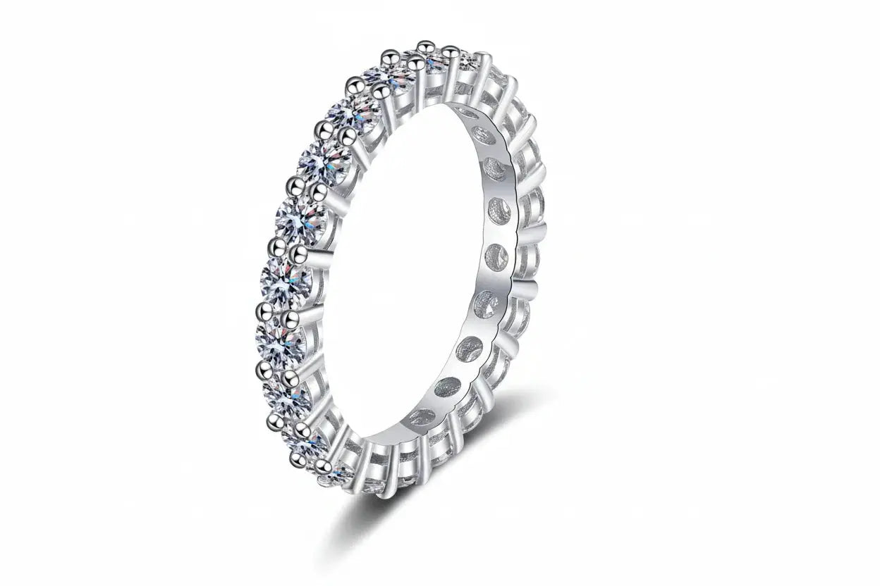 Zethech full eternity moissanite band ring with 3mm stones, showcasing a continuous circle of sparkling moissanite on a sleek band.