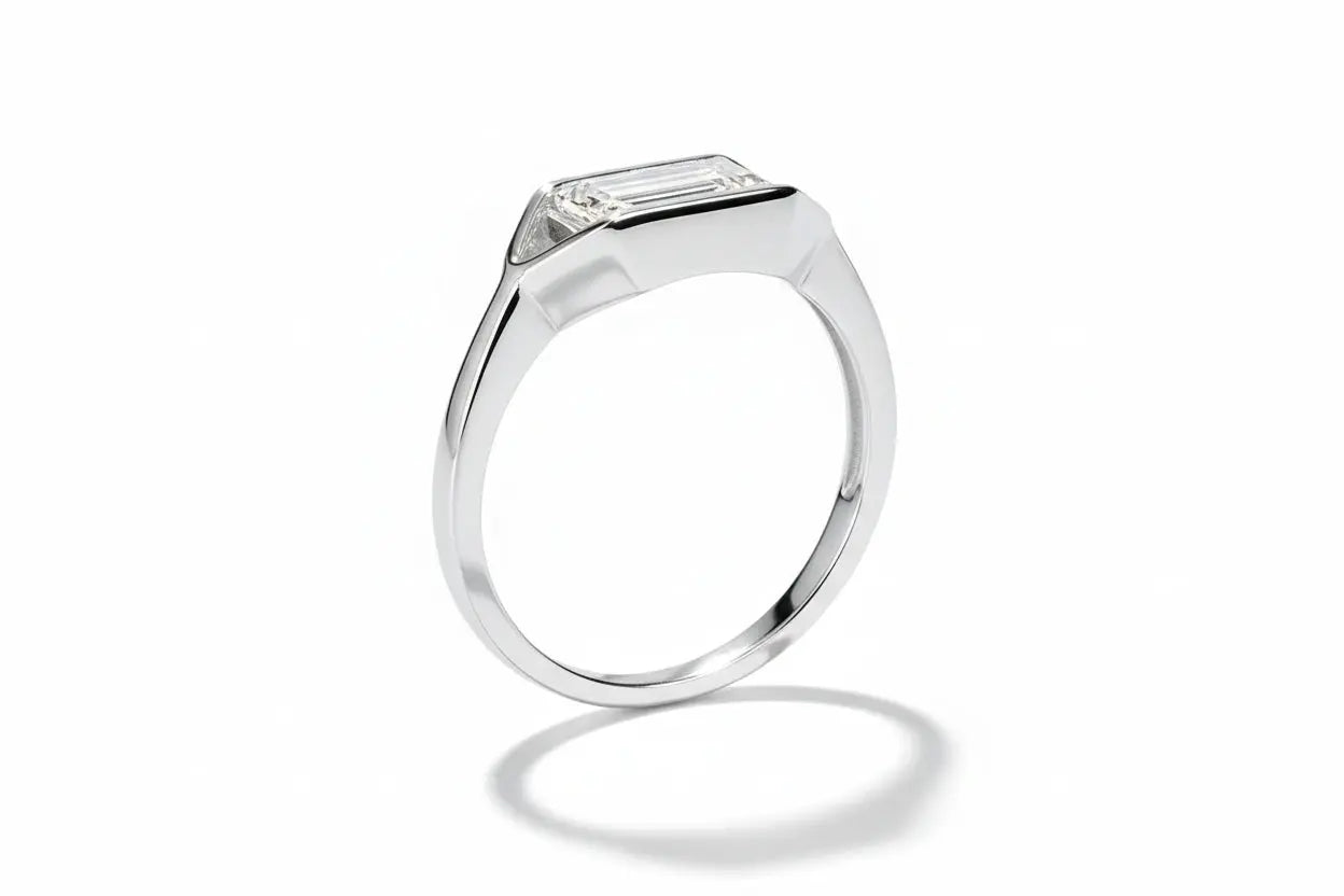 Close-up of Zethech 3-Stone Engagement Ring with moissanite stones