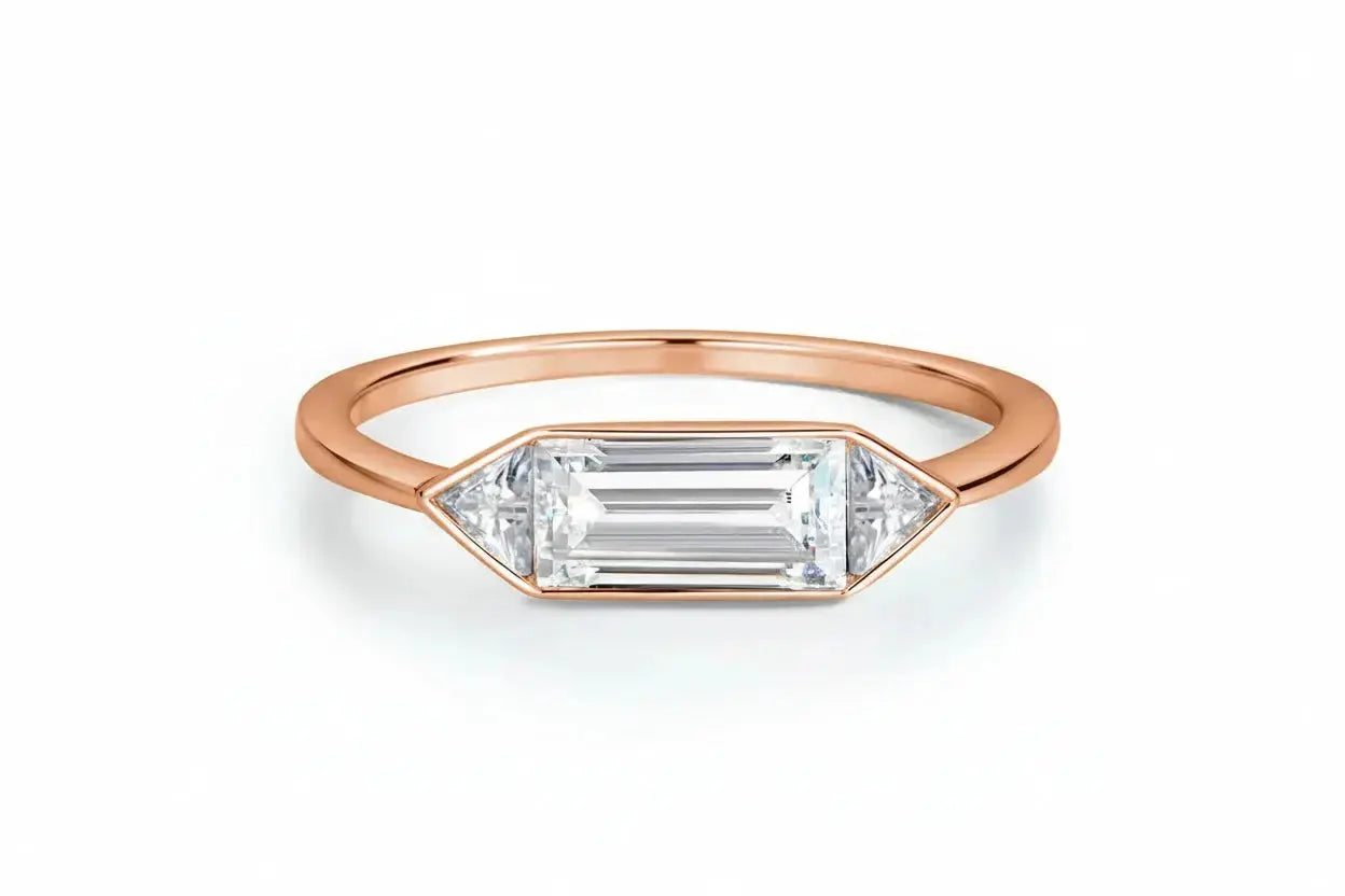 Zethech 3-Stone Moissanite Ring shown from clean jewelry angle