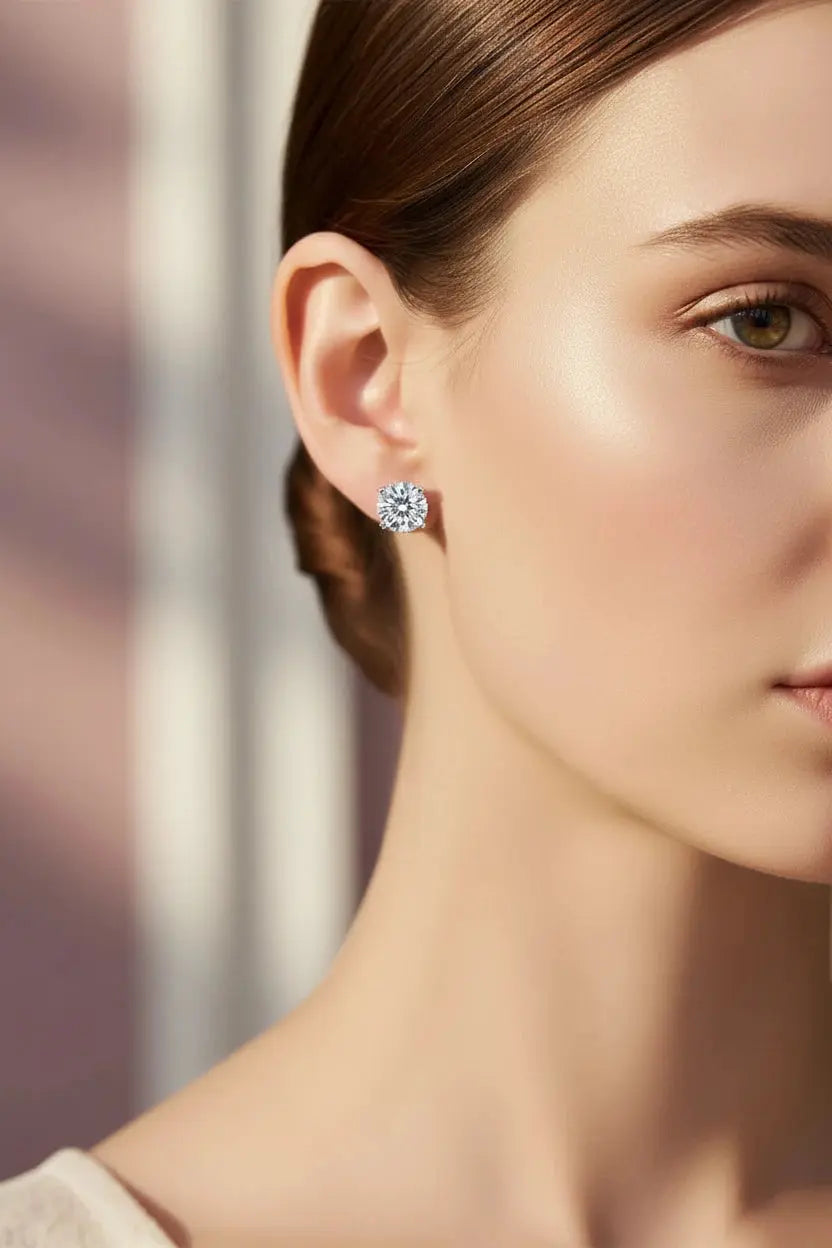Zethech Pure Radiance Moissanite Stud Earrings in white gold with 0.5ct, 5mm knobspin design, lab-certified VVS1 clarity.