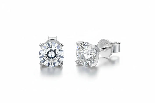 Zethech Pure Radiance Moissanite Stud Earrings in white gold, 0.5ct, 5mm size, lab-grown D-VVS1 clarity, sterling silver settings.