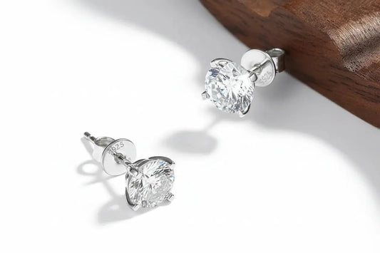 Zethech Pure Radiance Moissanite Stud Earrings in white gold, 0.5ct, 5mm, sterling silver, with VVS1 clarity and lab-grown diamonds.