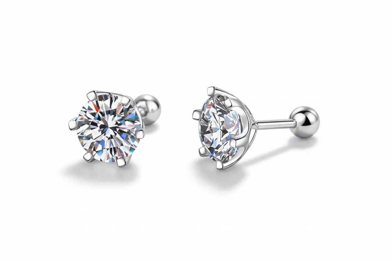 Zethech Round Moissanite Stud Earrings in white gold finish