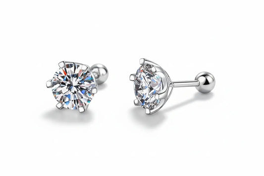 Zethech white gold-plated sterling silver moissanite stud earrings with round-cut, 0.5ct each, D-VVS1 clarity, screw-back design.