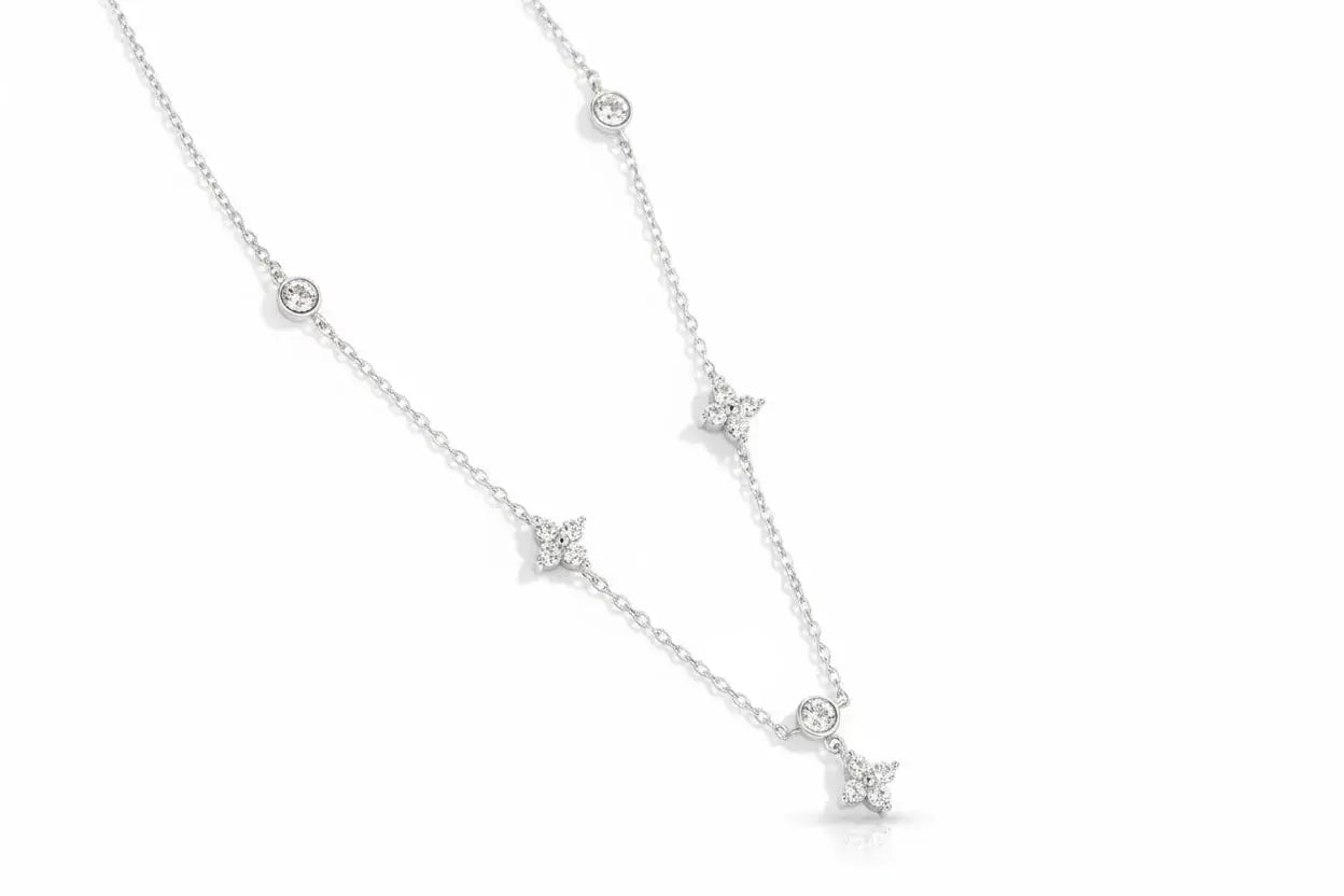 Zethech KNOBSPIN moissanite necklace for women with four-leaf clover pendant in white gold, sterling silver, 18k, dainty daily jewelry