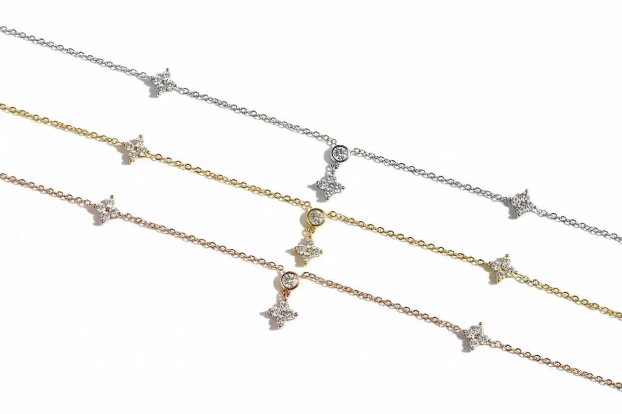 Zethech KNOBSPIN Moissanite necklace for women with four-leaf clover pendant, sterling silver and 18k gold, dainty daily jewelry