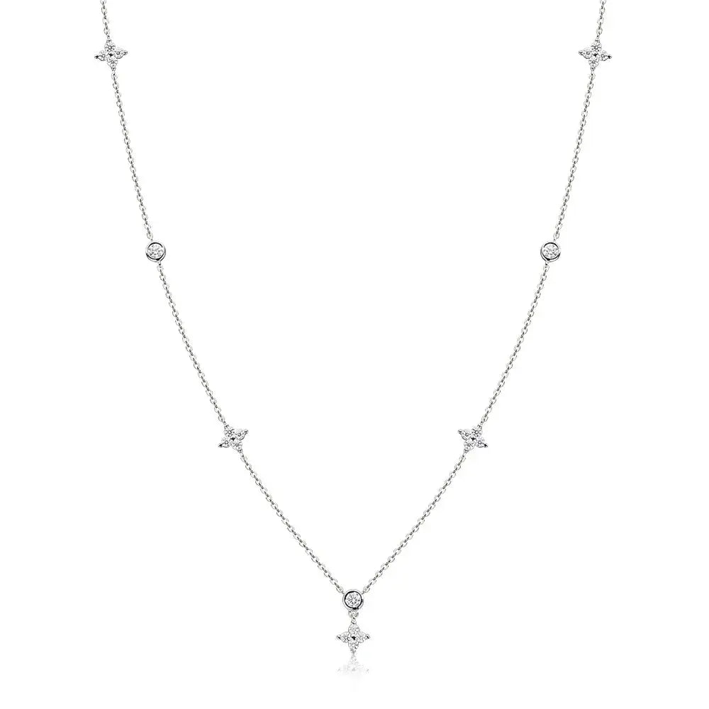 Zethech KNOBSPIN moissanite necklace for women with four-leaf clover pendant in white gold-tone sterling silver, 45cm dainty jewelry.
